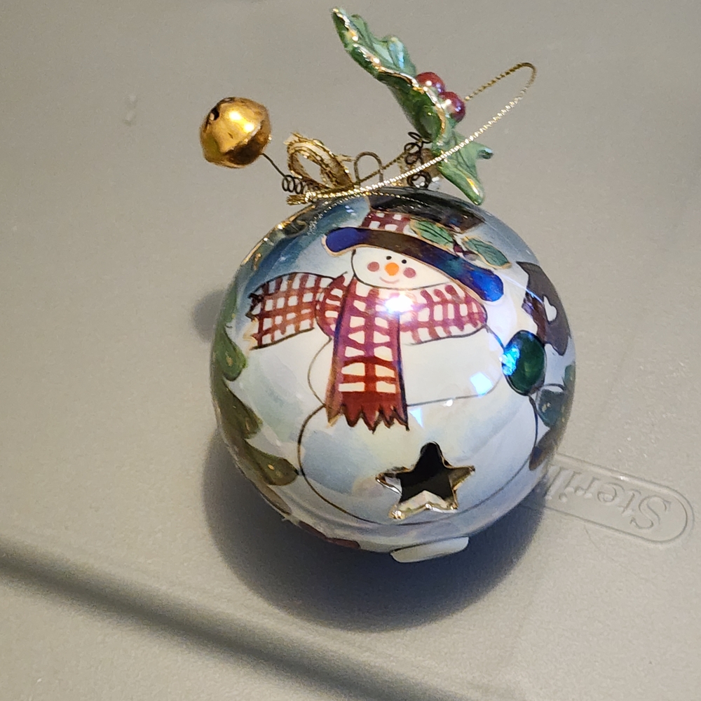 TWO Festive Bluesky Ceramic Snowman Santa TREE Ornaments with Cutout Accents
